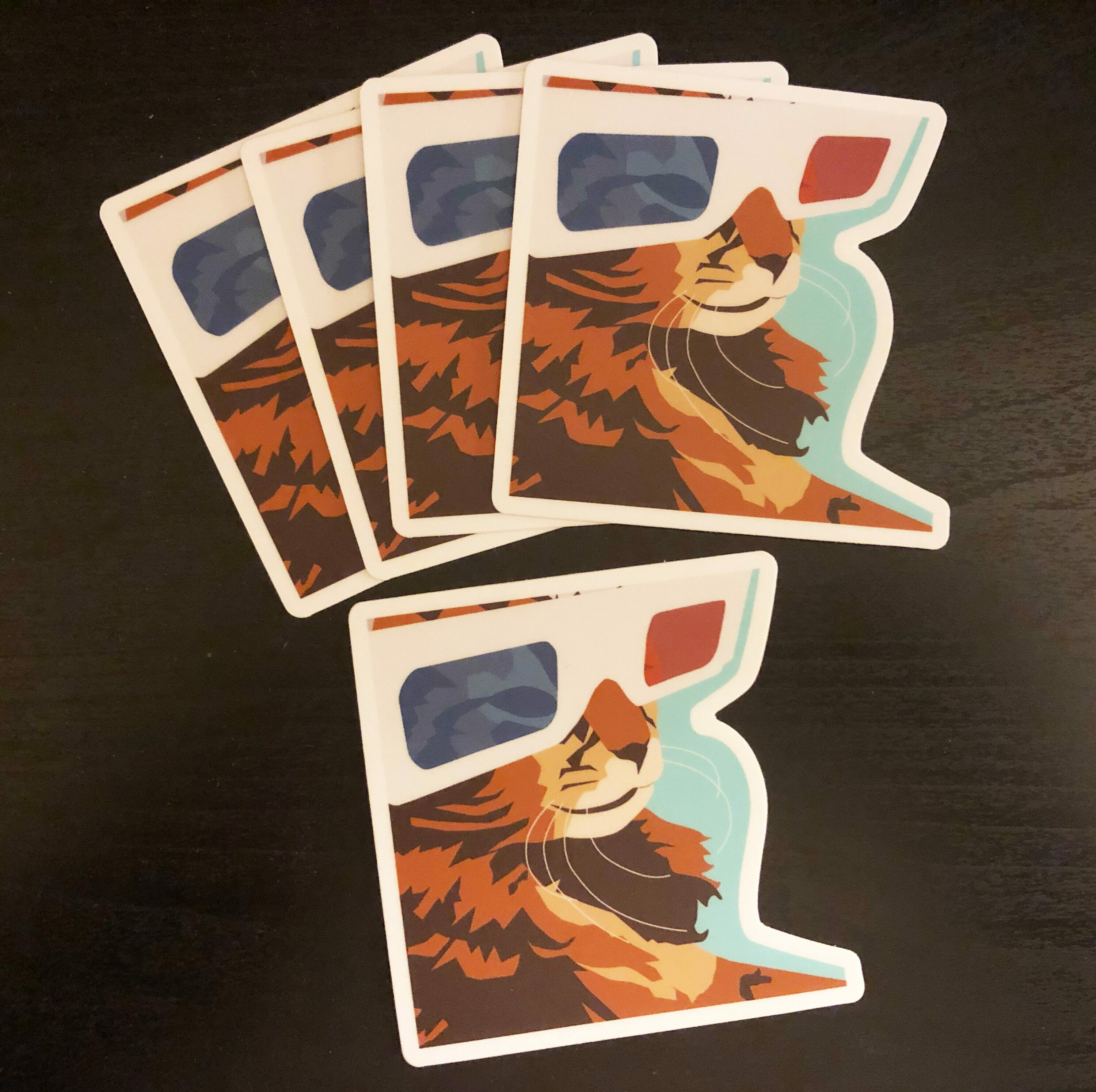 Stickers showing illustration of a cat wearing 3D glasses