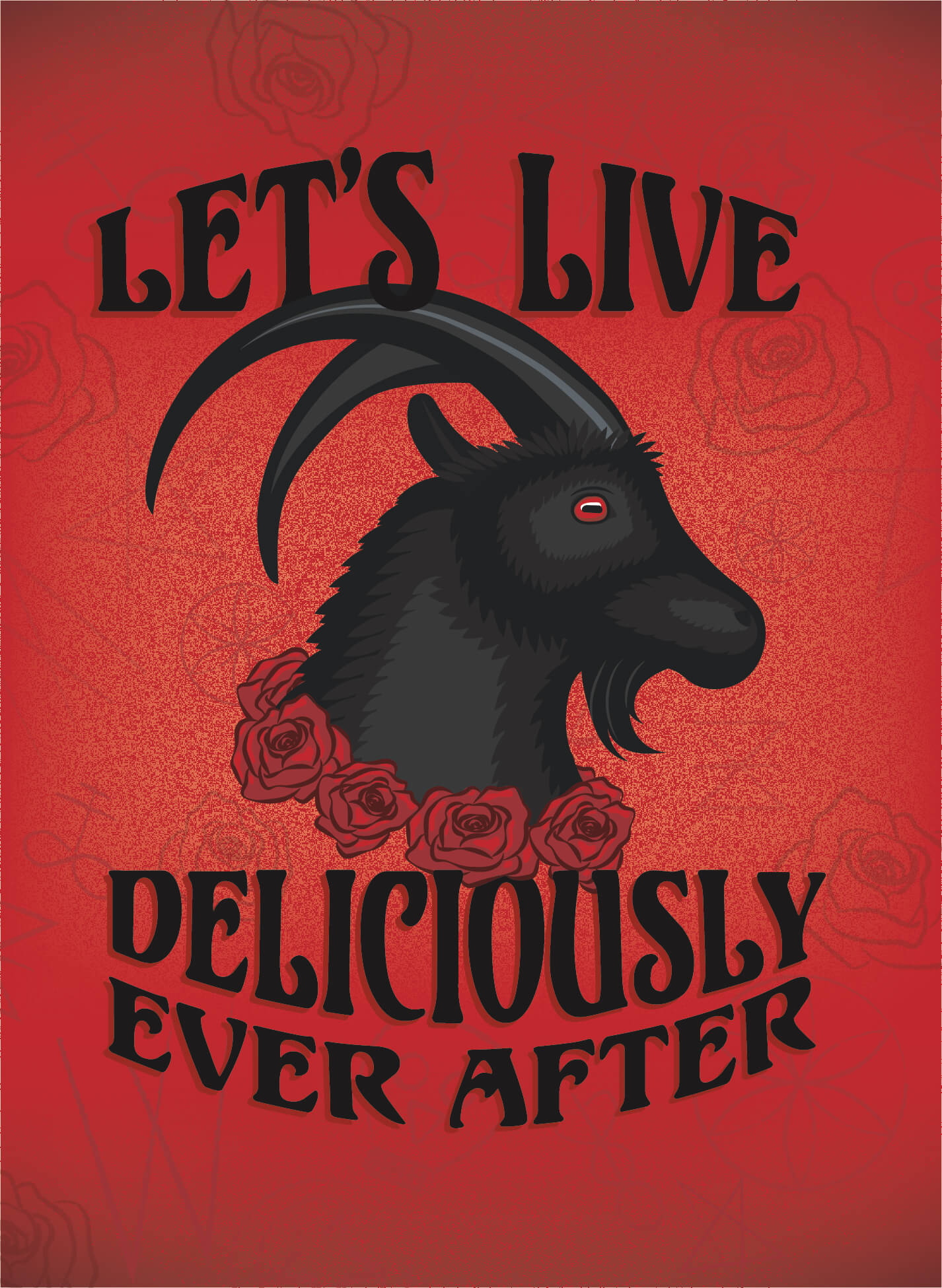 Illustration of a black goat with text reading: let's live deliciously ever after