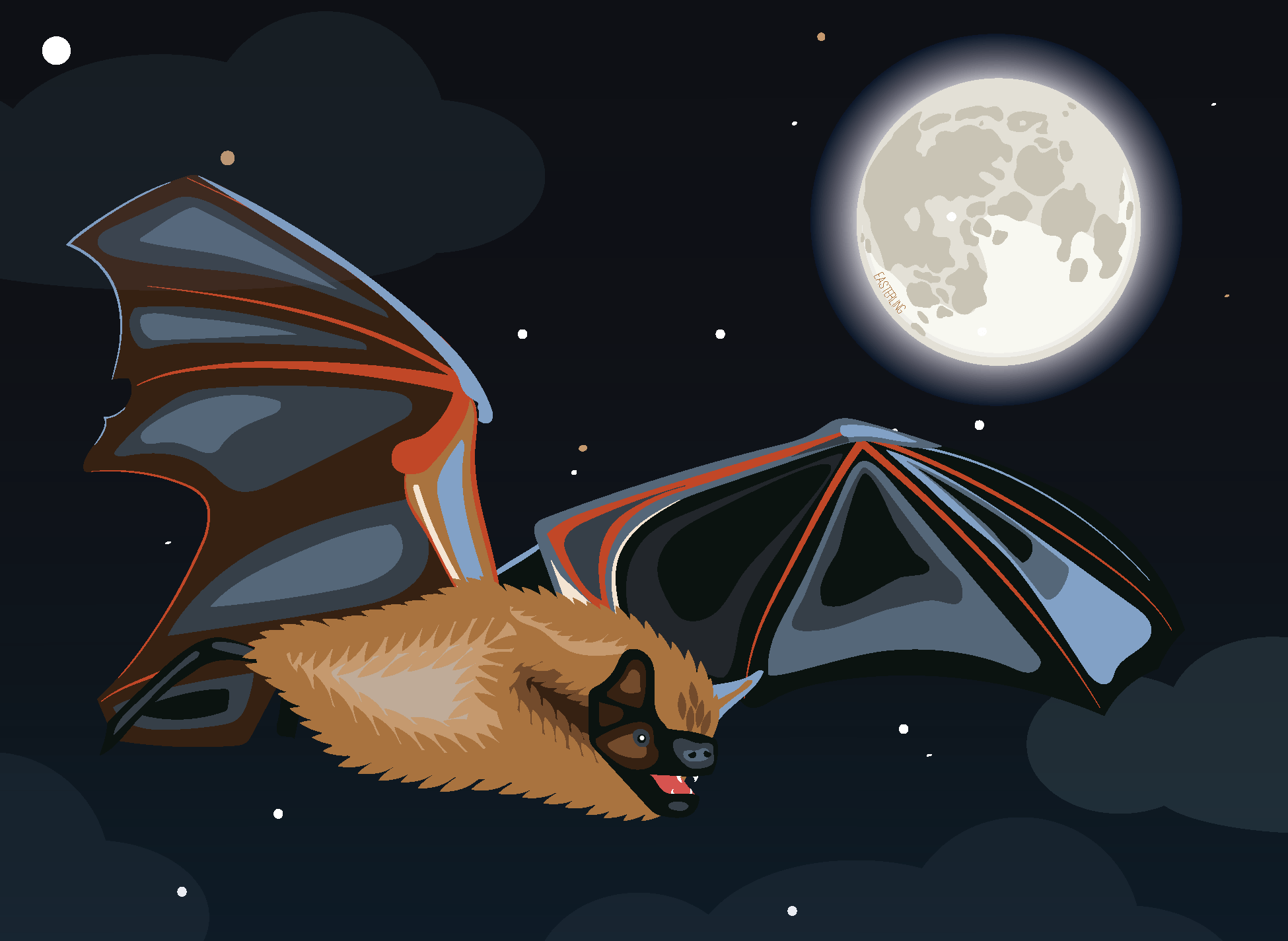 Illustration of a bat flying in front of a full moon