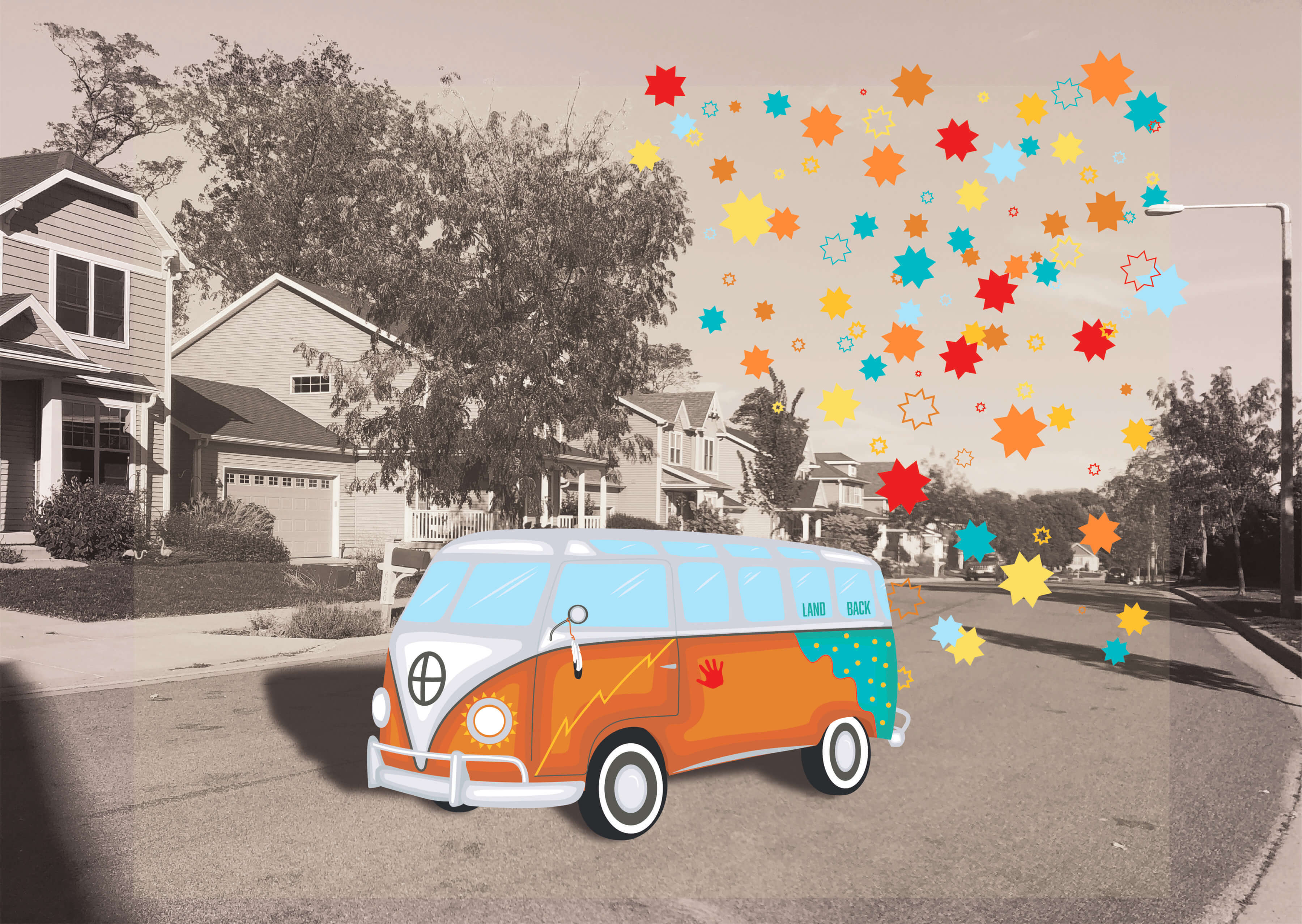 "Still Here," an illustration of the "Land Back" van parked on a suburban street