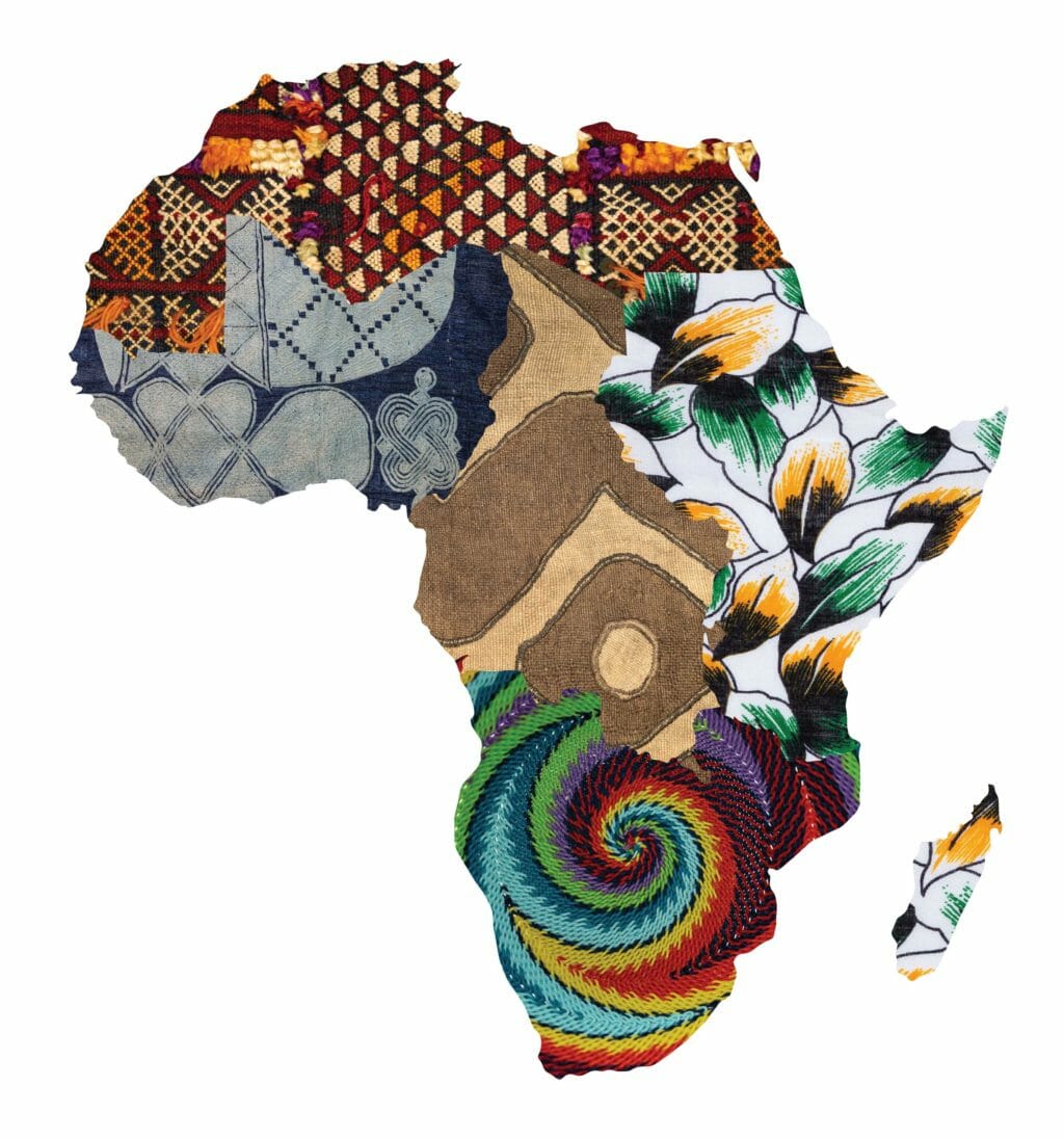 Map of Africa with regions demarcated using textile samples