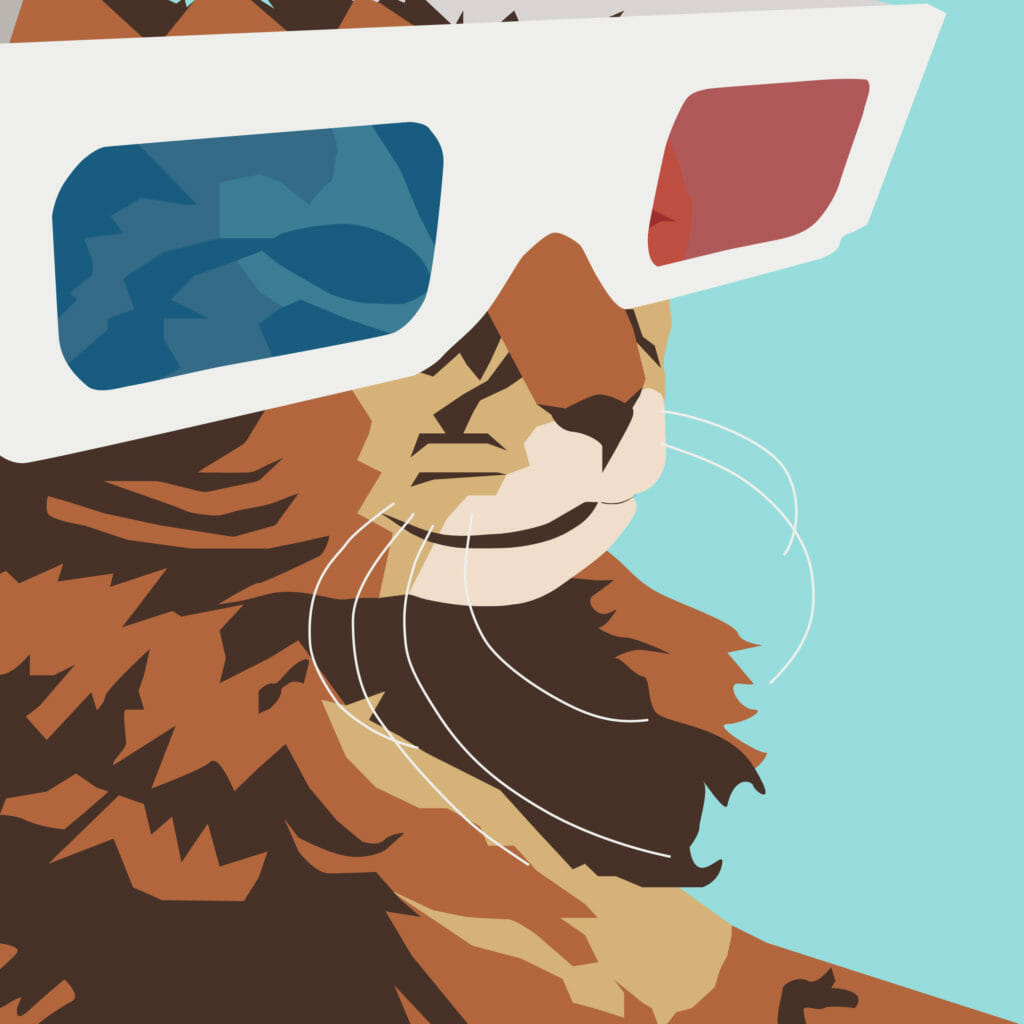 Illustration of a cat wearing 3D glasses